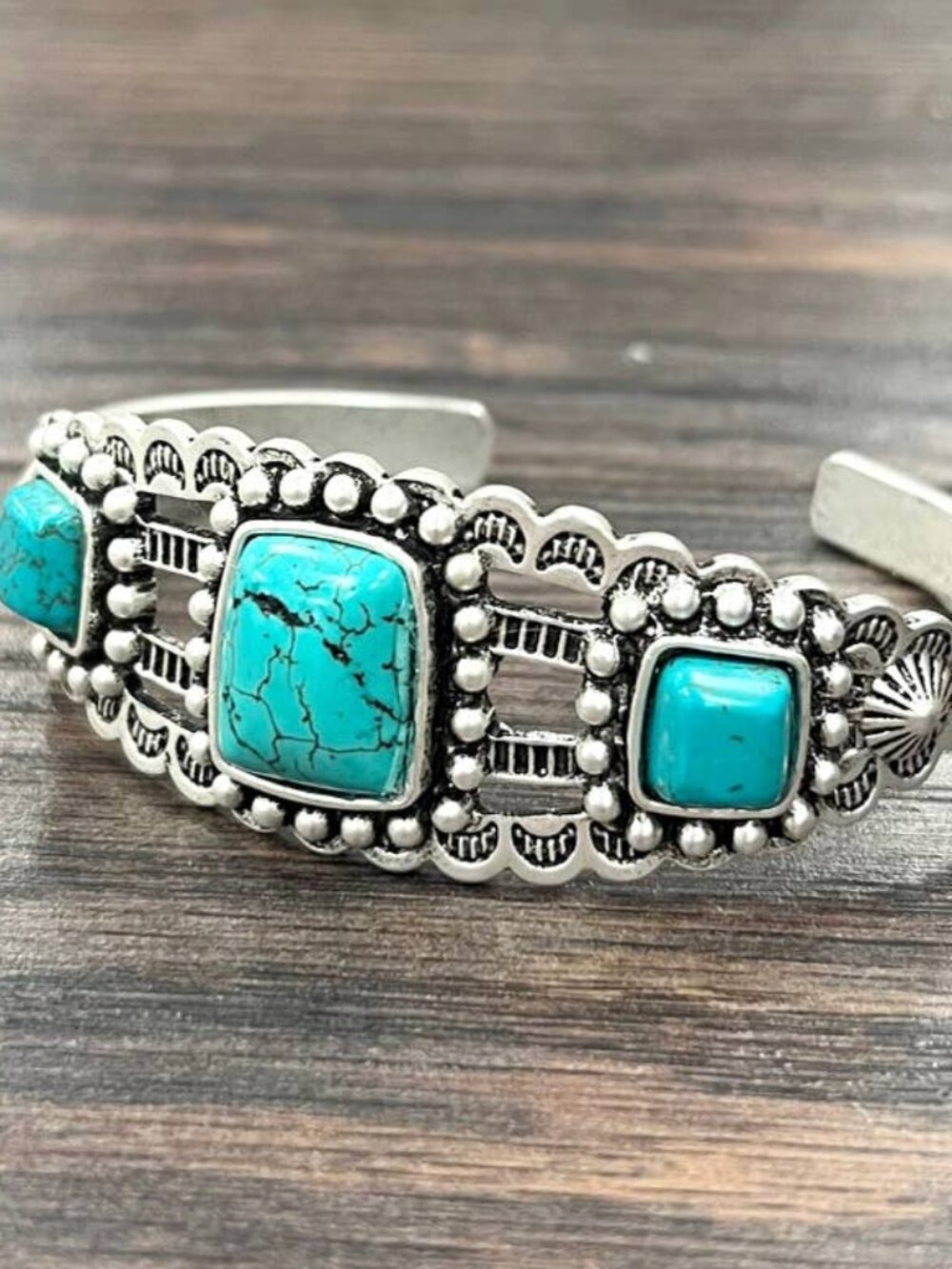 Turquoise Square Concho Cuff Bracelet Western Boho Silver Tone Statement Rodeo